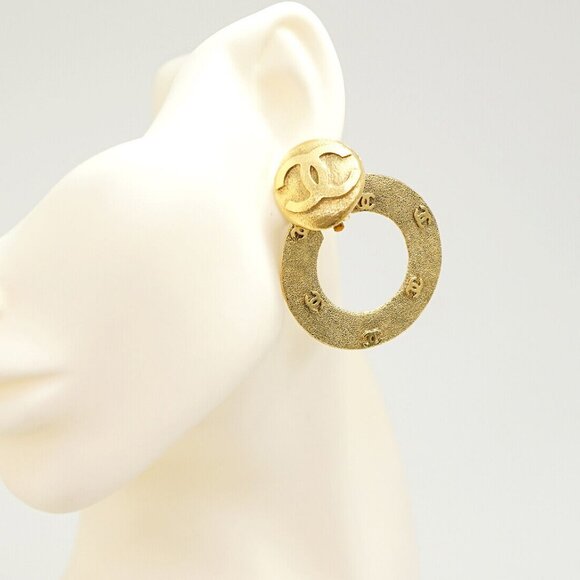 CHANEL CC logos Hoop 2 way Dangle Earrings Gold Tone 29 Auth w/Box #19000 - Picture 3 of 8